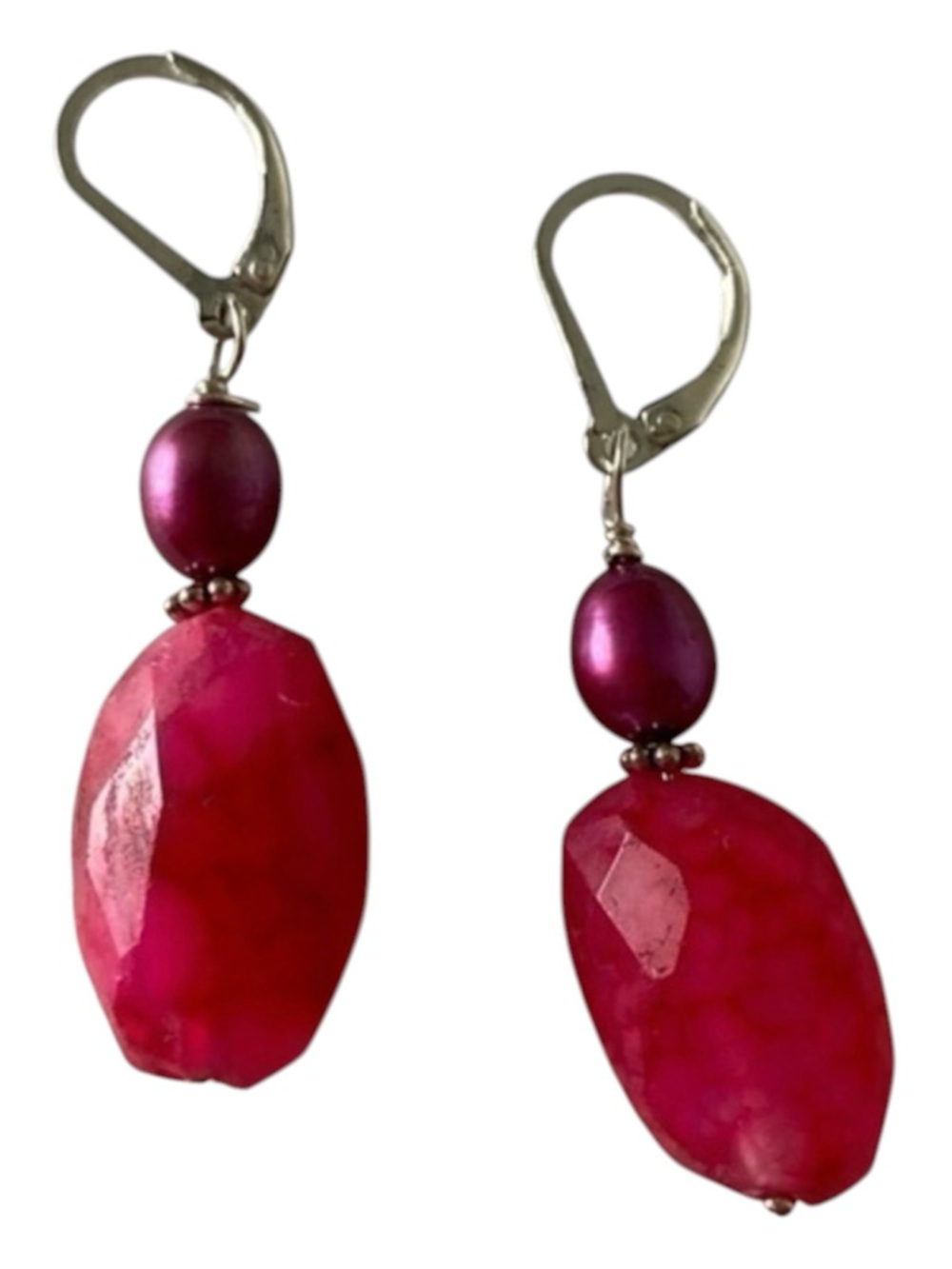 HAND Crafted 925 Sterling Silver Magenta Pink Pearl Agate Drop Earrings …